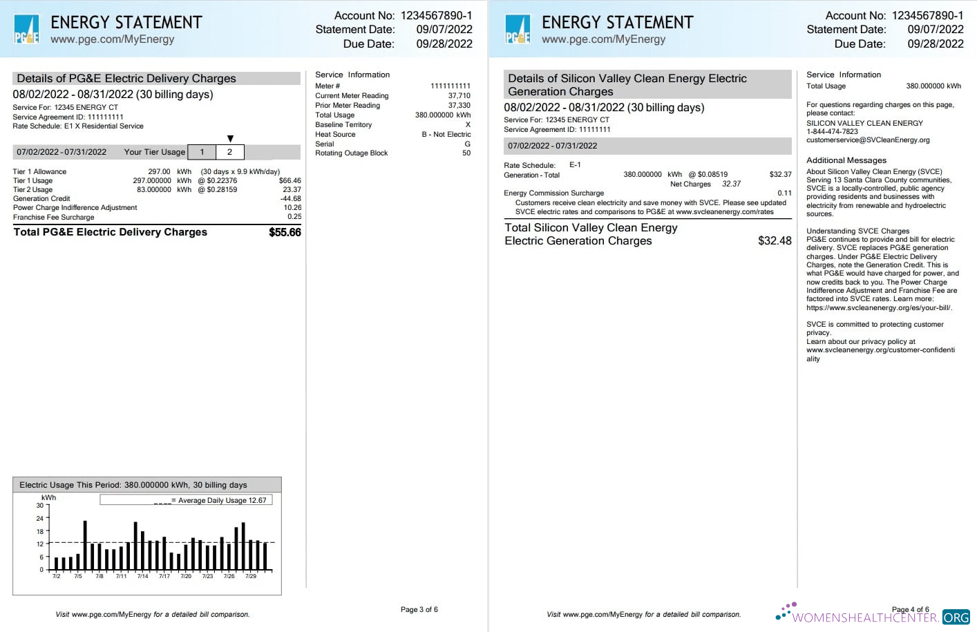USA California PG&E (Pacific Gas and Electric Company) utility bill, Word and PDF template, 6 pages 3 4